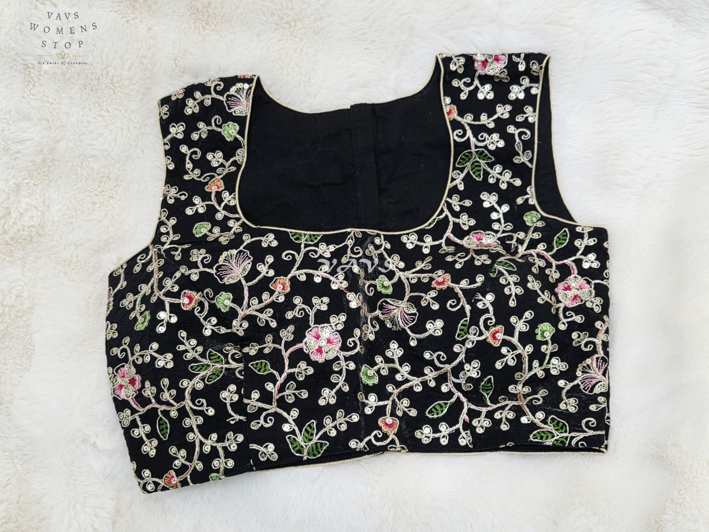 Royal Midnight Black Designer Spacesilk Sleeveless Floral Embroidered Partywear Blouse | Size 38-44
