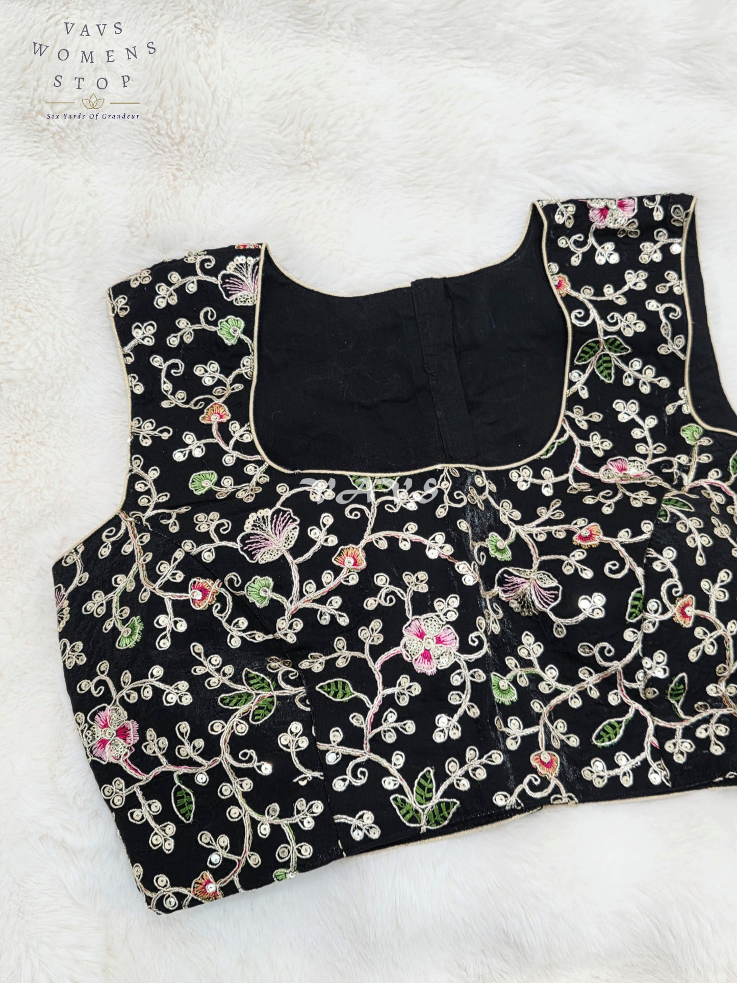 Royal Midnight Black Designer Spacesilk Sleeveless Floral Embroidered Partywear Blouse | Size 38-44