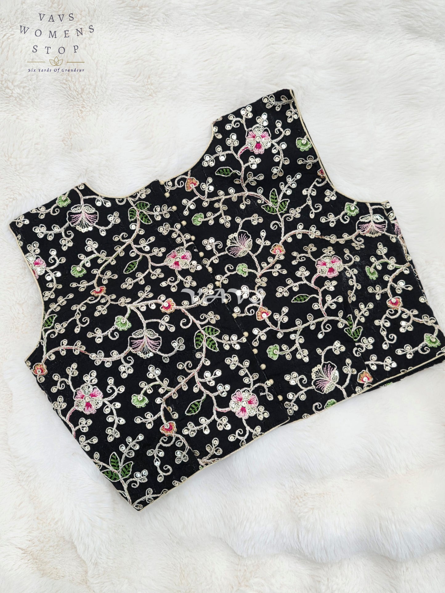 Royal Midnight Black Designer Spacesilk Sleeveless Floral Embroidered Partywear Blouse | Size 38-44