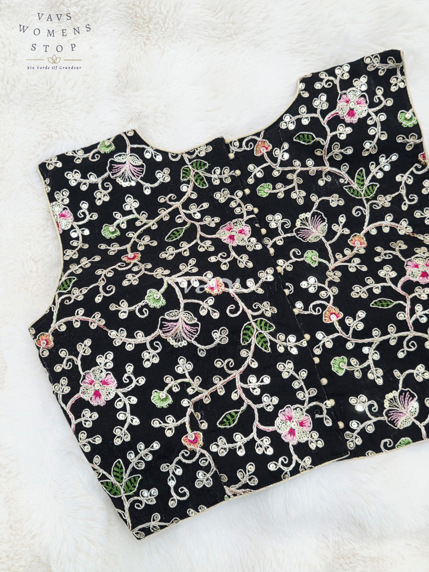 Royal Midnight Black Designer Spacesilk Sleeveless Floral Embroidered Partywear Blouse | Size 38-44