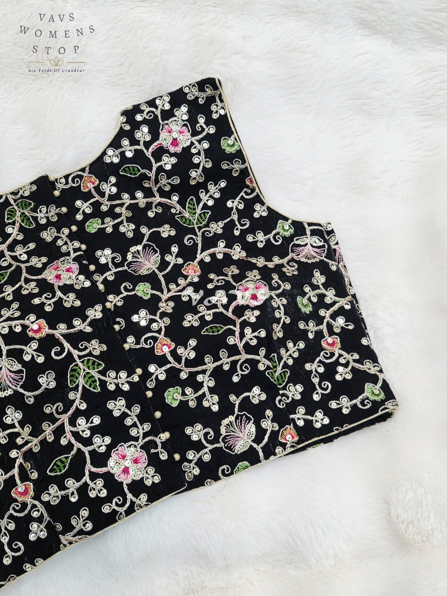 Royal Midnight Black Designer Spacesilk Sleeveless Floral Embroidered Partywear Blouse | Size 38-44