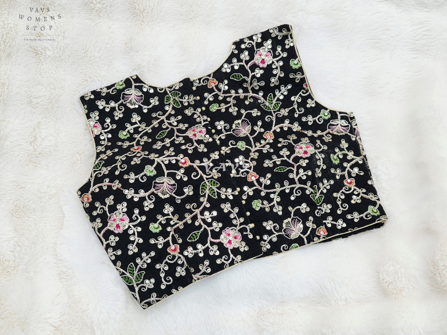 Royal Midnight Black Designer Spacesilk Sleeveless Floral Embroidered Partywear Blouse | Size 38-44