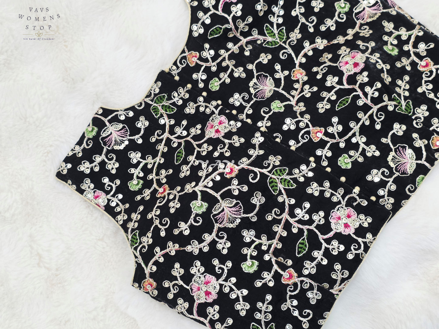 Royal Midnight Black Designer Spacesilk Sleeveless Floral Embroidered Partywear Blouse | Size 38-44