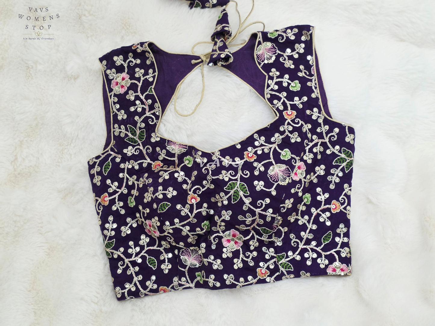 Royal Midnight Amethyst Designer Spacesilk Sleeveless Floral Embroidered Partywear Blouse | Size 34-40