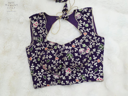 Royal Midnight Amethyst Designer Spacesilk Sleeveless Floral Embroidered Partywear Blouse | Size 34-40