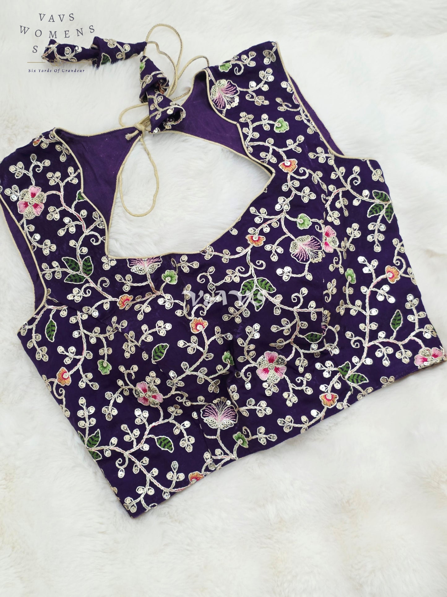 Royal Midnight Amethyst Designer Spacesilk Sleeveless Floral Embroidered Partywear Blouse | Size 34-40