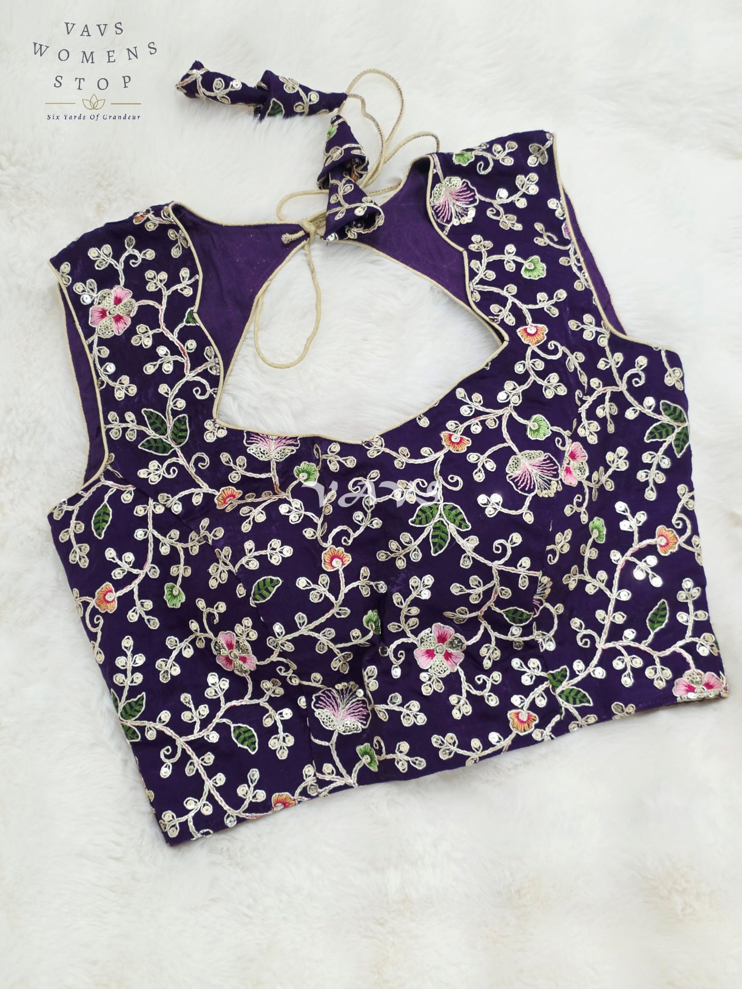 Royal Midnight Amethyst Designer Spacesilk Sleeveless Floral Embroidered Partywear Blouse | Size 34-40