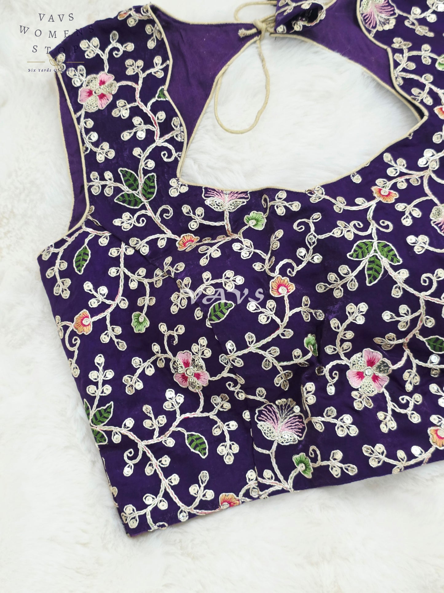 Royal Midnight Amethyst Designer Spacesilk Sleeveless Floral Embroidered Partywear Blouse | Size 34-40