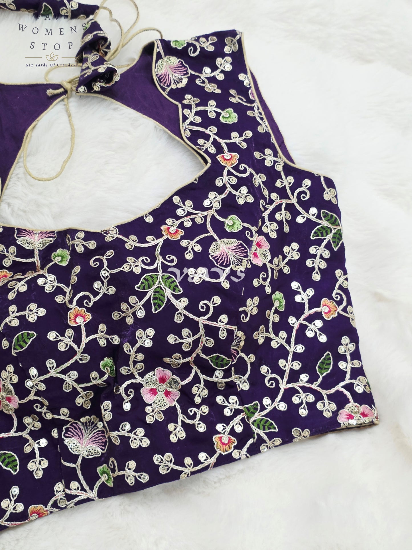 Royal Midnight Amethyst Designer Spacesilk Sleeveless Floral Embroidered Partywear Blouse | Size 34-40