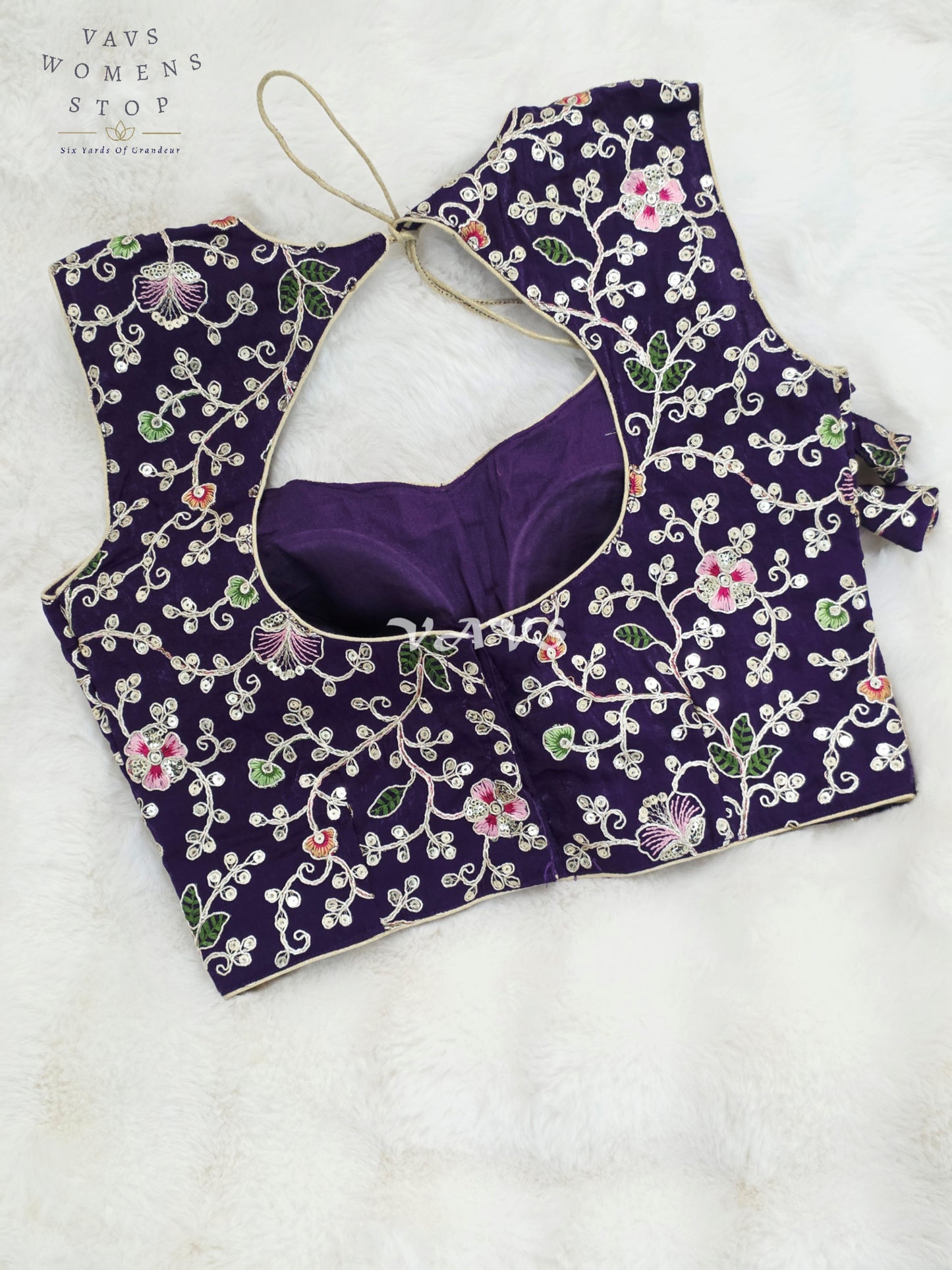 Royal Midnight Amethyst Designer Spacesilk Sleeveless Floral Embroidered Partywear Blouse | Size 34-40