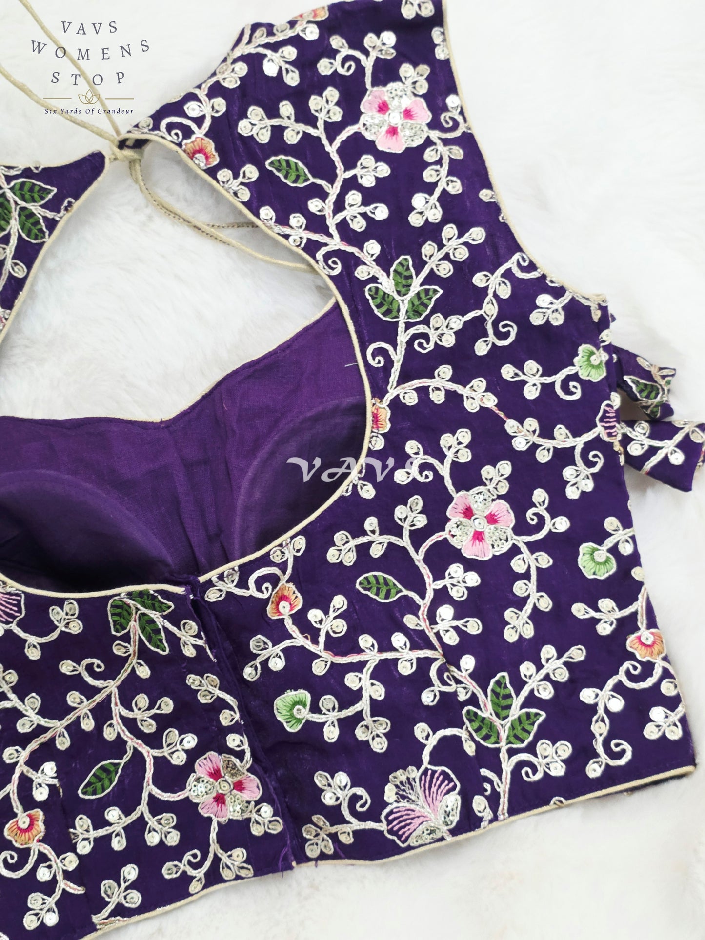 Royal Midnight Amethyst Designer Spacesilk Sleeveless Floral Embroidered Partywear Blouse | Size 34-40