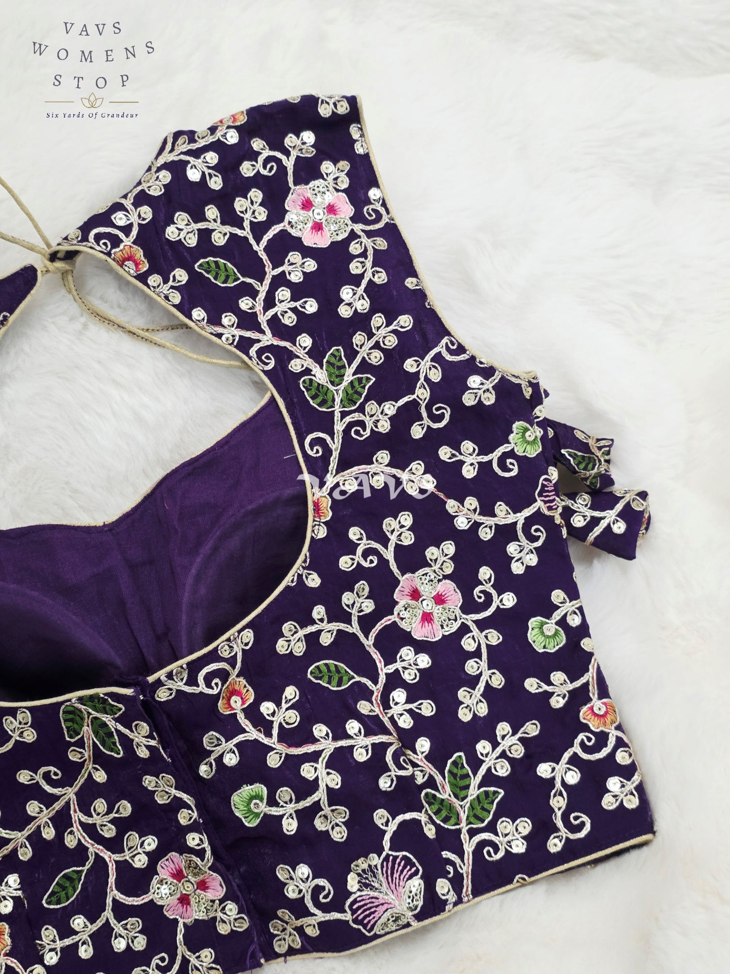 Royal Midnight Amethyst Designer Spacesilk Sleeveless Floral Embroidered Partywear Blouse | Size 34-40