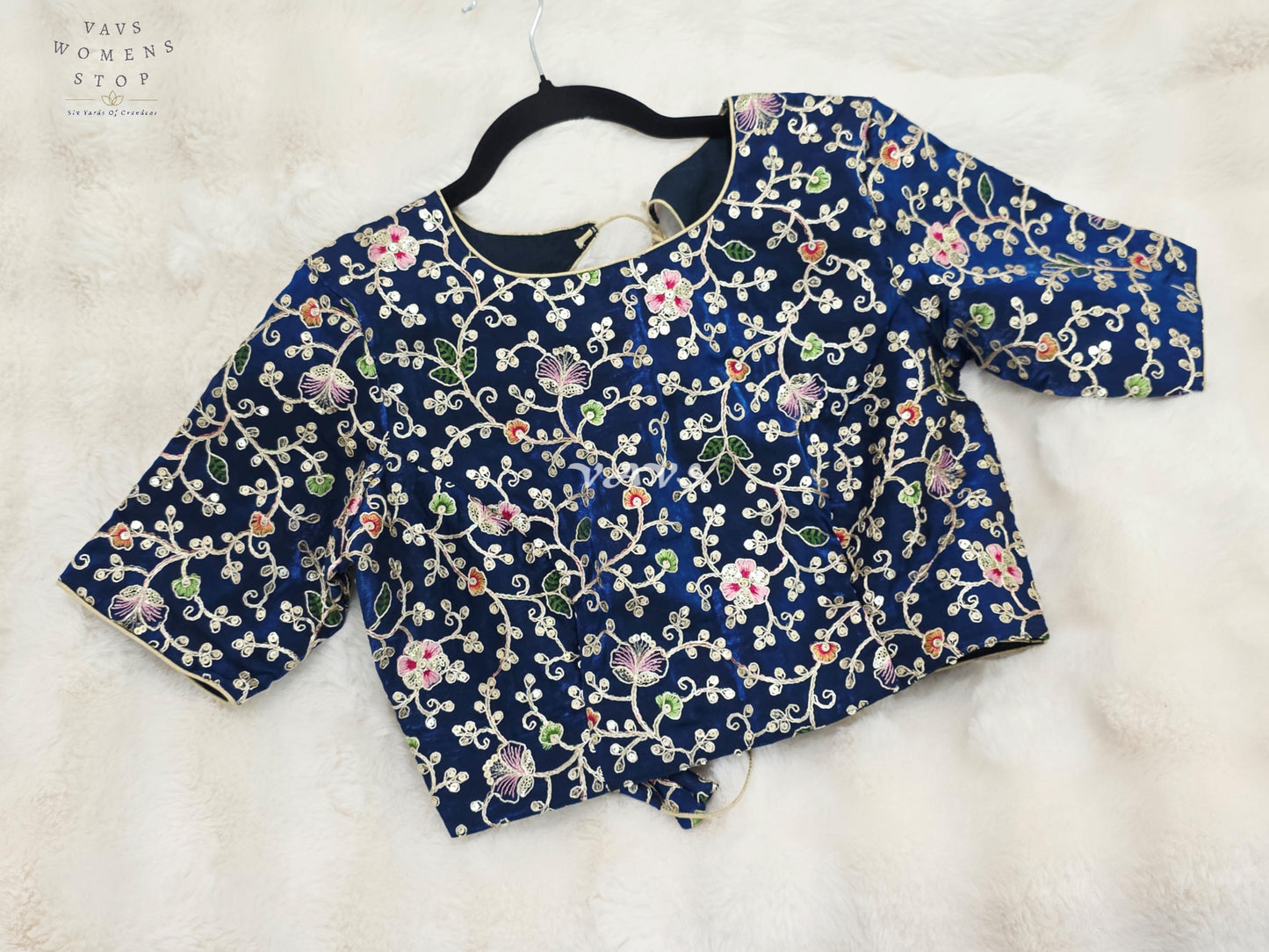 Royal Peacock Blue Designer Space Silk Floral Embroidered Partywear Blouse | Size 38-44