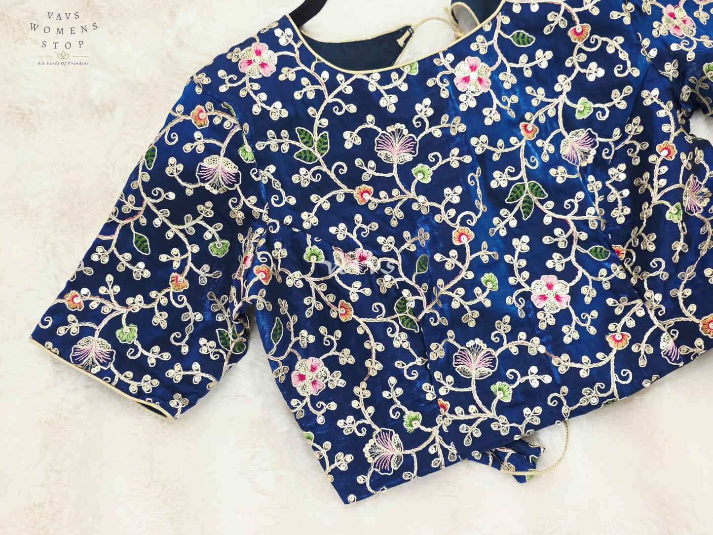 Royal Peacock Blue Designer Space Silk Floral Embroidered Partywear Blouse | Size 38-44
