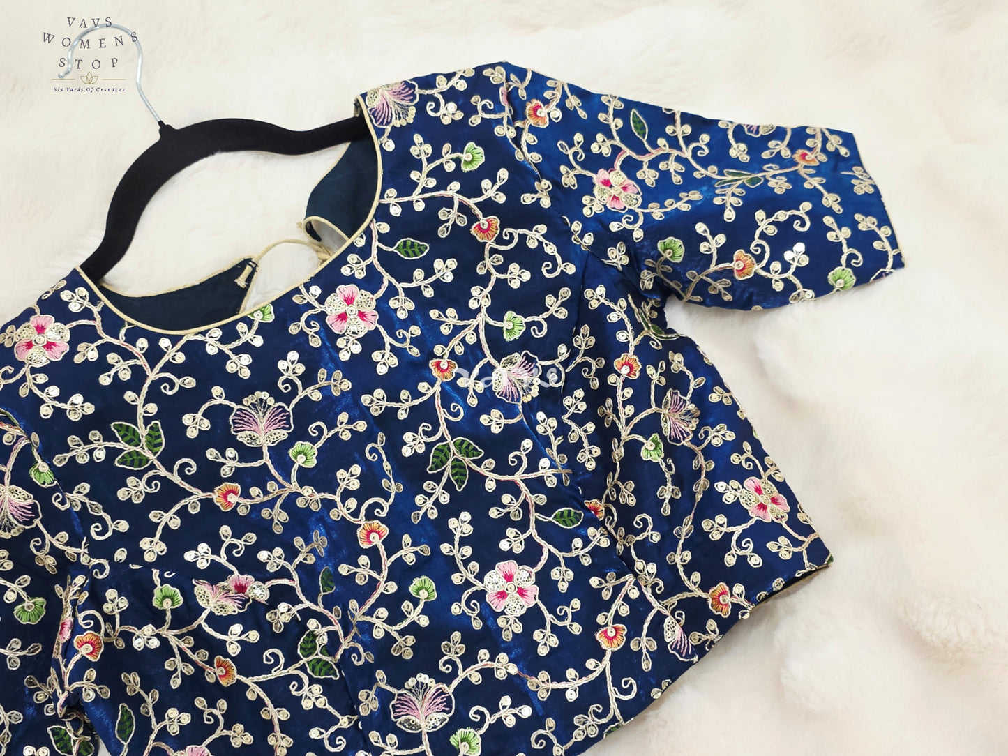 Royal Peacock Blue Designer Space Silk Floral Embroidered Partywear Blouse | Size 38-44