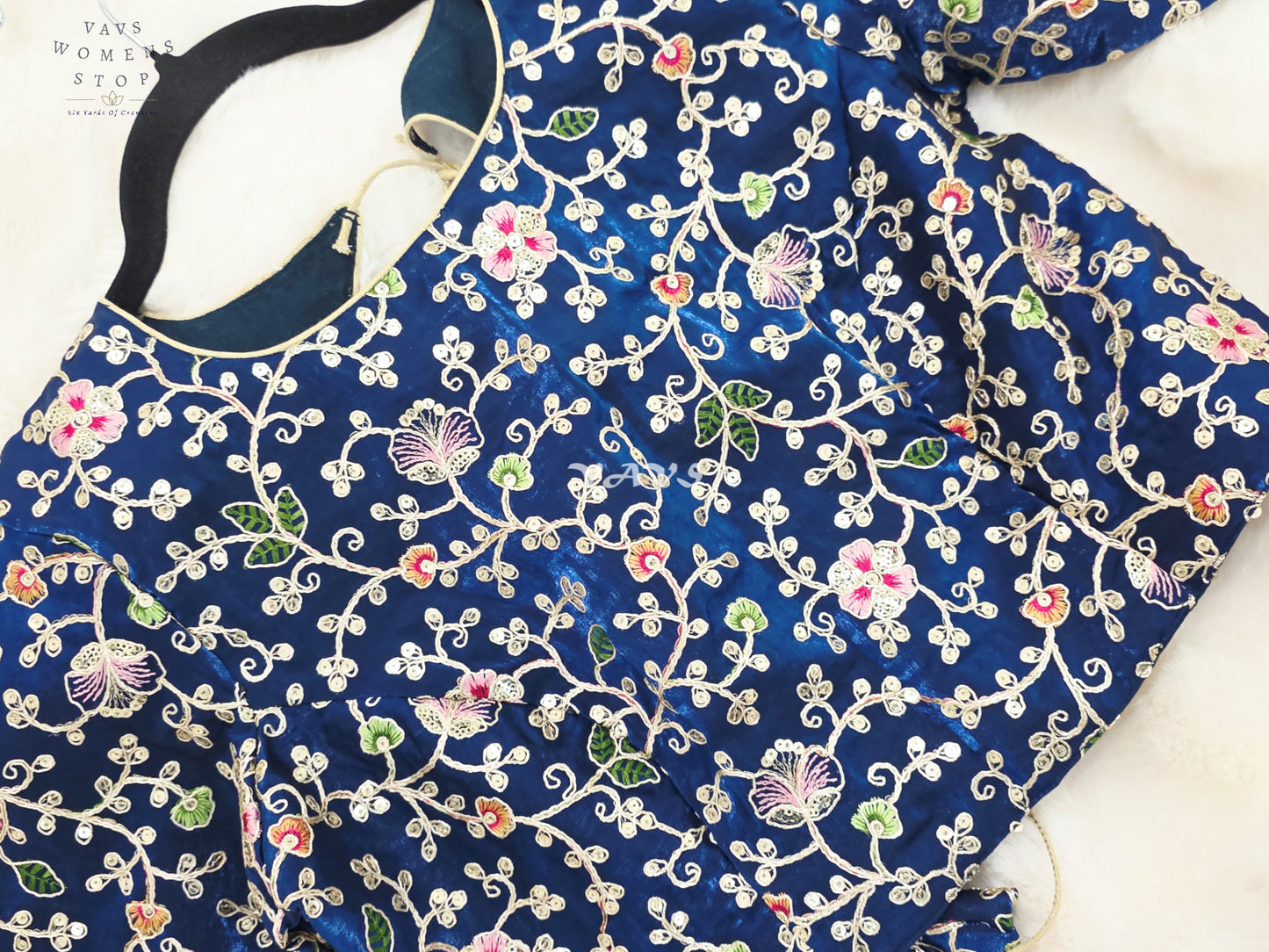 Royal Peacock Blue Designer Space Silk Floral Embroidered Partywear Blouse | Size 38-44