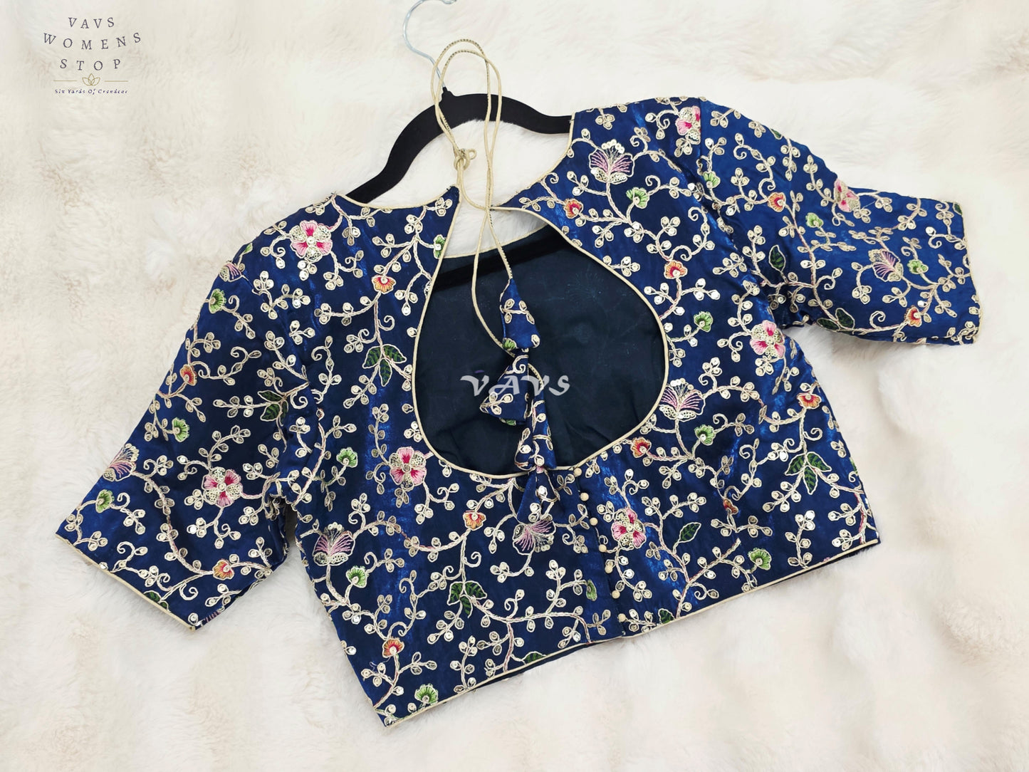 Royal Peacock Blue Designer Space Silk Floral Embroidered Partywear Blouse | Size 38-44