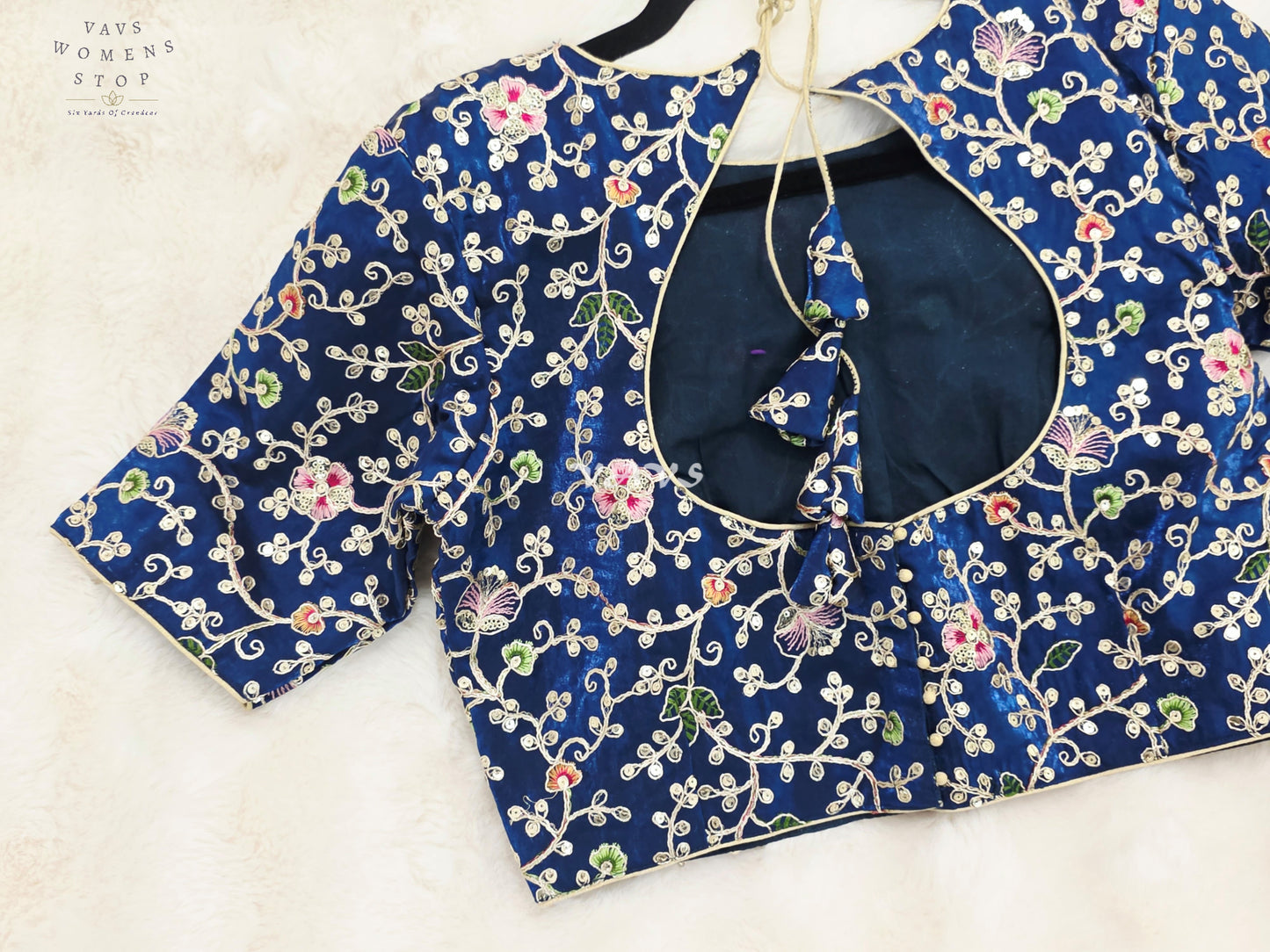 Royal Peacock Blue Designer Space Silk Floral Embroidered Partywear Blouse | Size 38-44