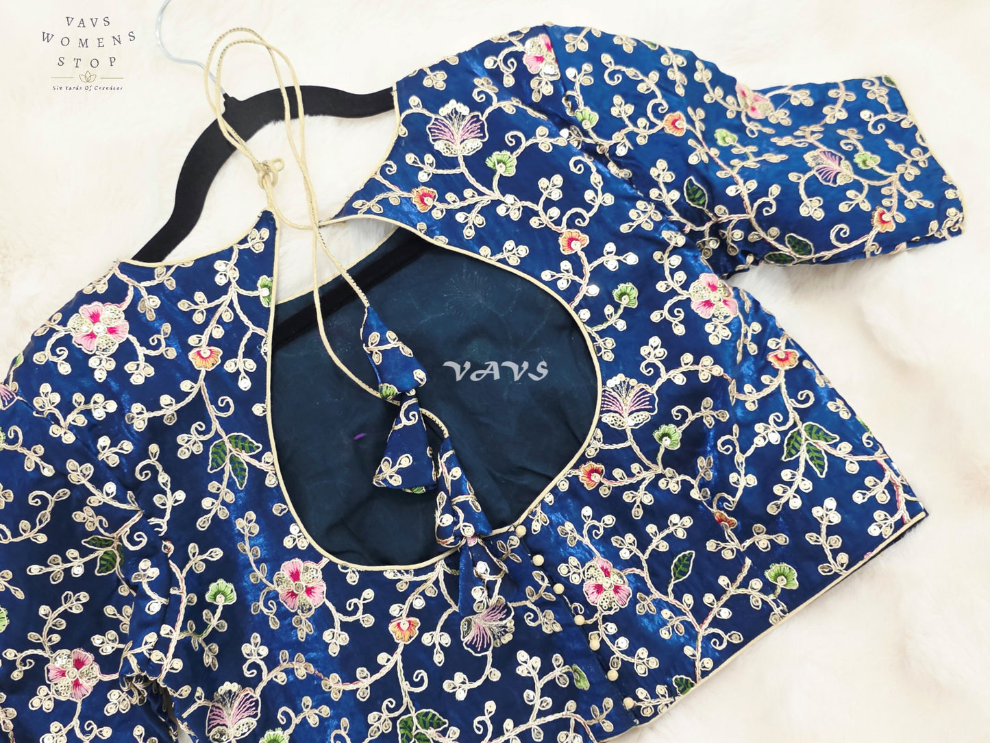 Royal Peacock Blue Designer Space Silk Floral Embroidered Partywear Blouse | Size 38-44