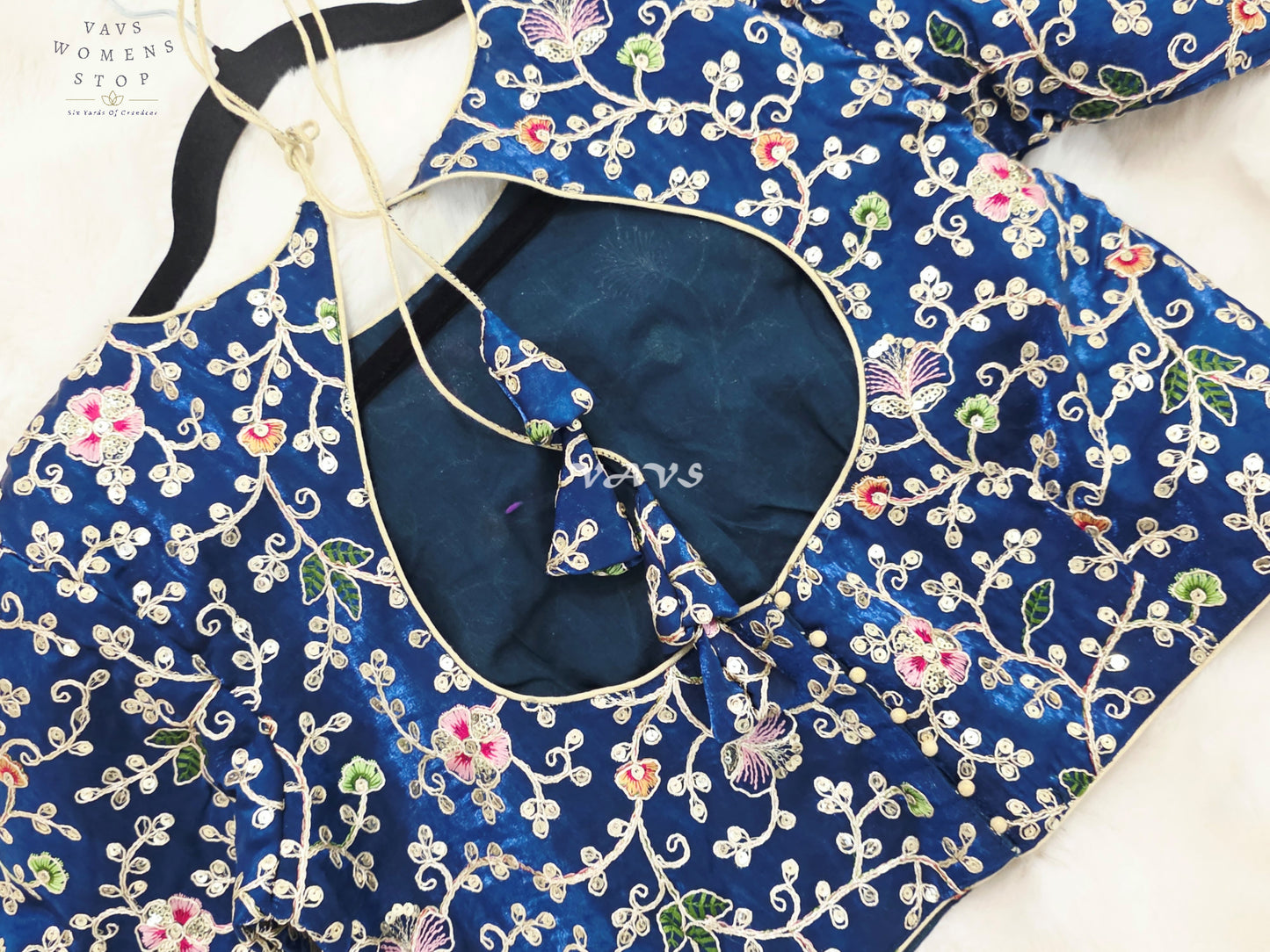 Royal Peacock Blue Designer Space Silk Floral Embroidered Partywear Blouse | Size 38-44