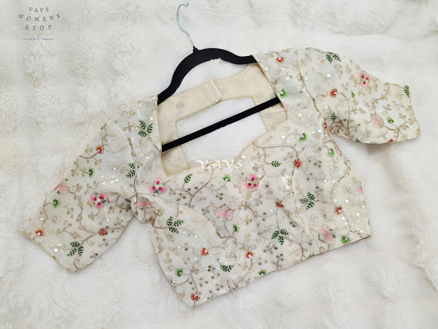 Royal Pearl Ivory Designer Space Silk Floral Embroidered Partywear Blouse | Size 34-40
