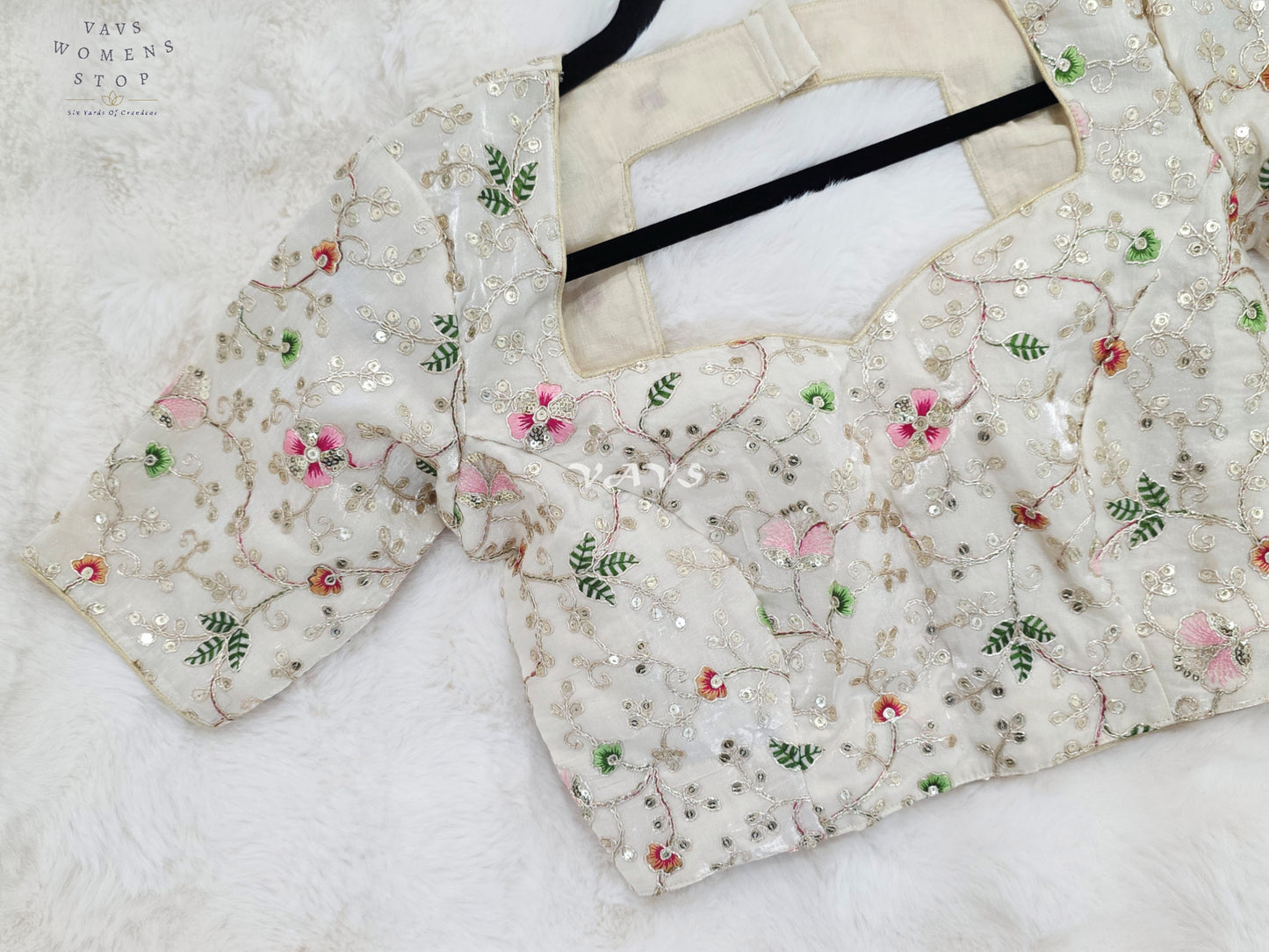 Royal Pearl Ivory Designer Space Silk Floral Embroidered Partywear Blouse | Size 34-40