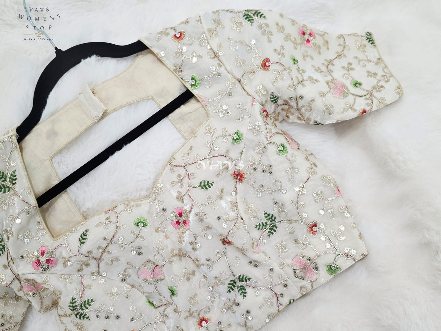 Royal Pearl Ivory Designer Space Silk Floral Embroidered Partywear Blouse | Size 34-40
