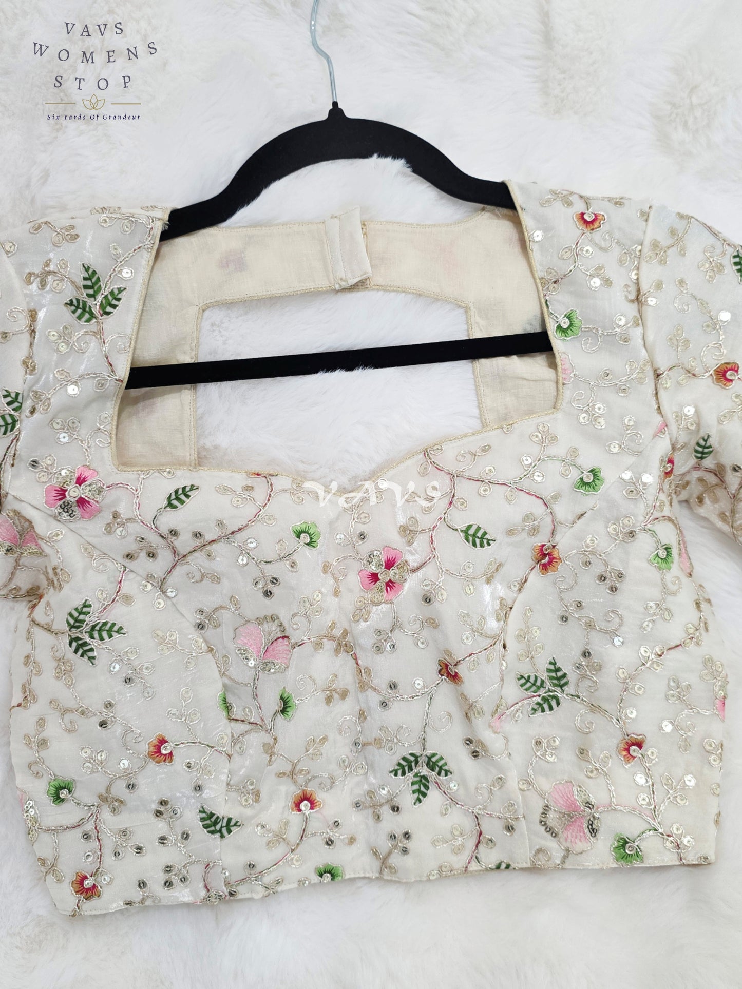 Royal Pearl Ivory Designer Space Silk Floral Embroidered Partywear Blouse | Size 34-40