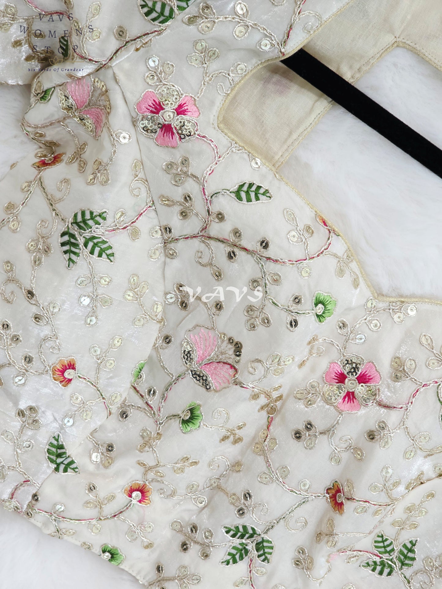 Royal Pearl Ivory Designer Space Silk Floral Embroidered Partywear Blouse | Size 34-40