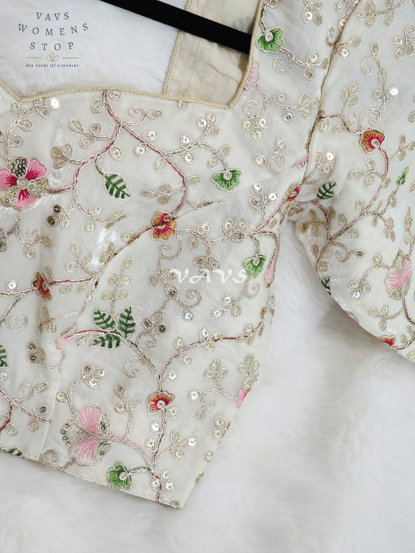 Royal Pearl Ivory Designer Space Silk Floral Embroidered Partywear Blouse | Size 34-40