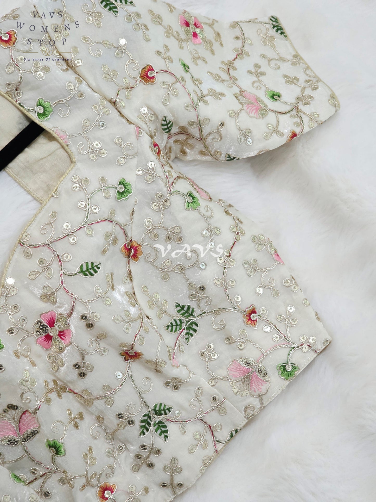 Royal Pearl Ivory Designer Space Silk Floral Embroidered Partywear Blouse | Size 34-40