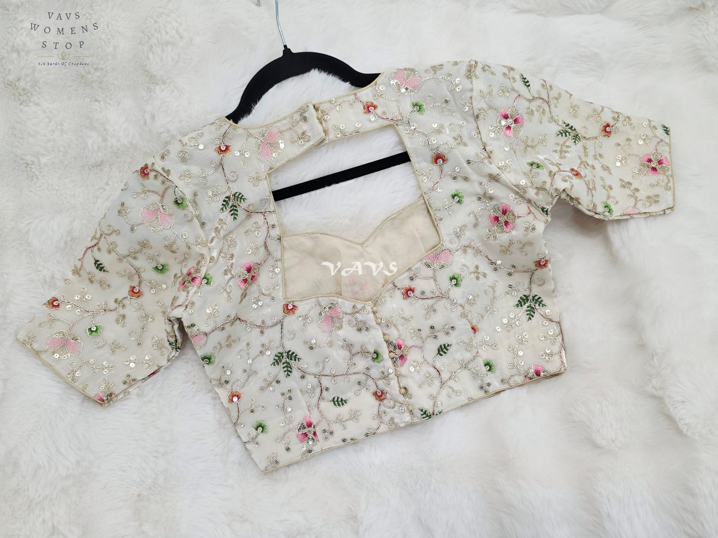 Royal Pearl Ivory Designer Space Silk Floral Embroidered Partywear Blouse | Size 34-40
