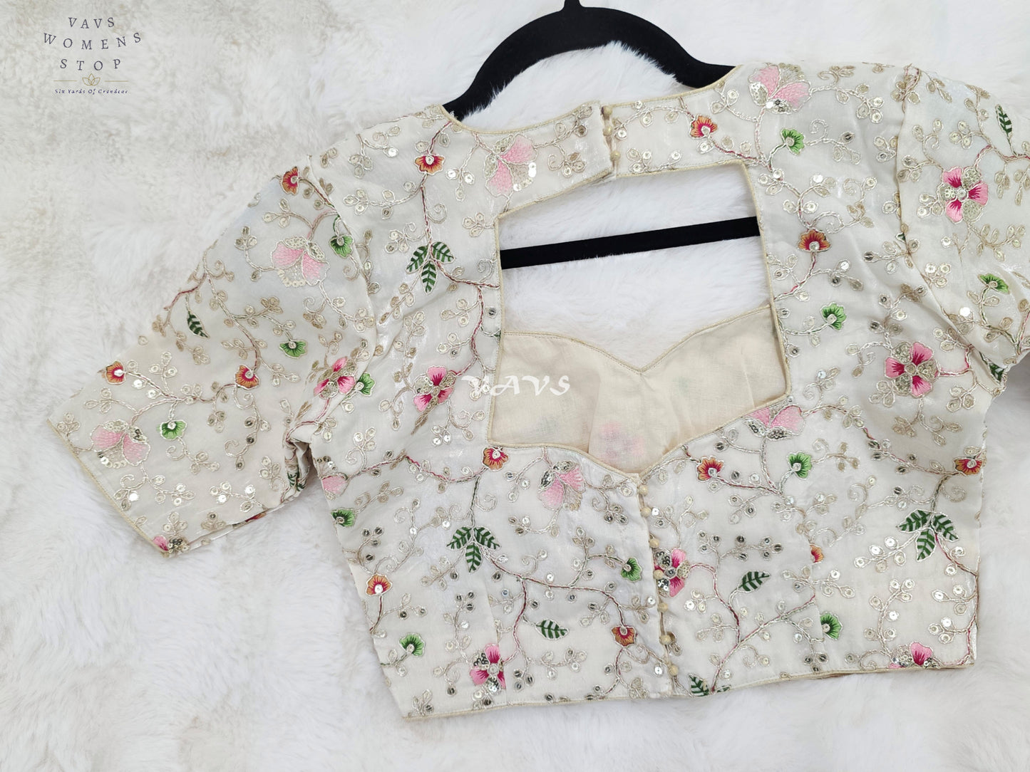 Royal Pearl Ivory Designer Space Silk Floral Embroidered Partywear Blouse | Size 34-40