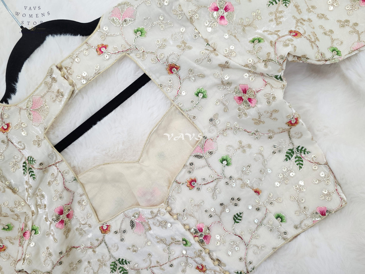 Royal Pearl Ivory Designer Space Silk Floral Embroidered Partywear Blouse | Size 34-40