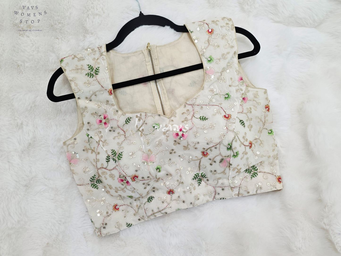 Royal Pearl Ivory Designer Spacesilk Sleeveless Floral Embroidered Partywear Blouse | Size 38-44