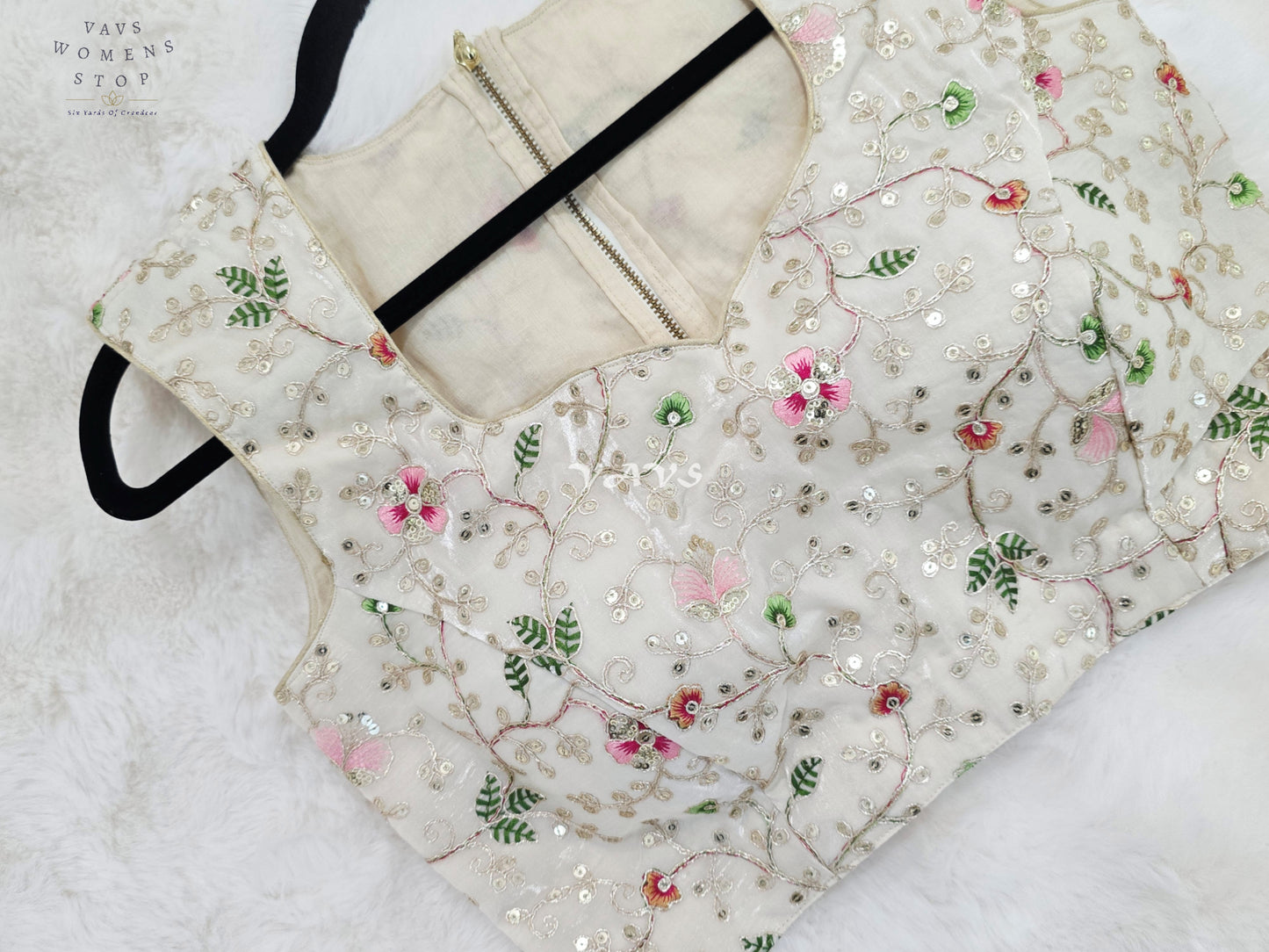Royal Pearl Ivory Designer Spacesilk Sleeveless Floral Embroidered Partywear Blouse | Size 38-44