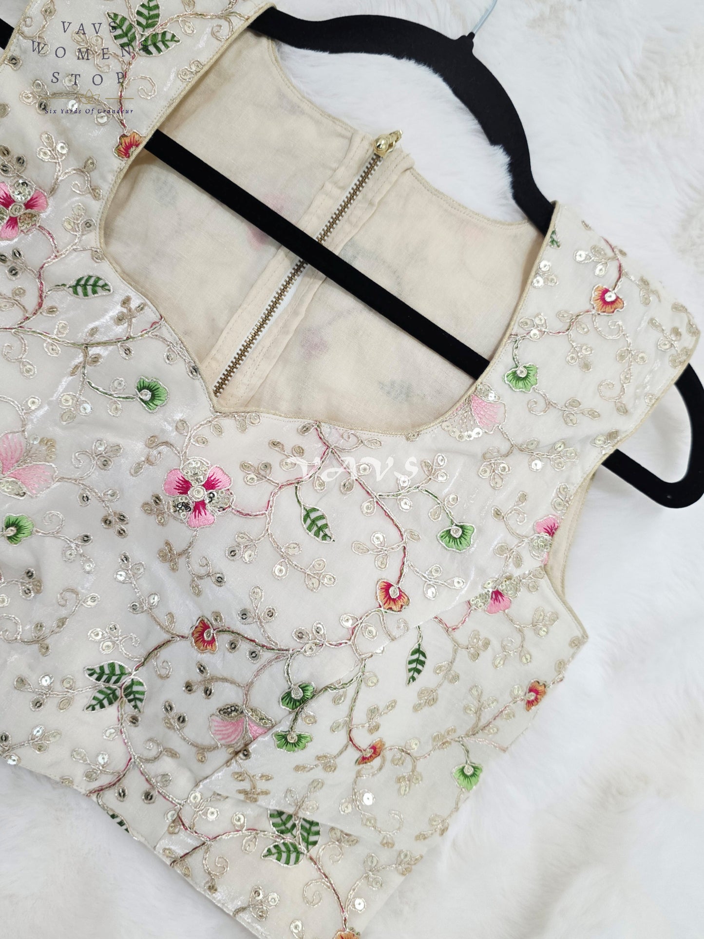 Royal Pearl Ivory Designer Spacesilk Sleeveless Floral Embroidered Partywear Blouse | Size 38-44