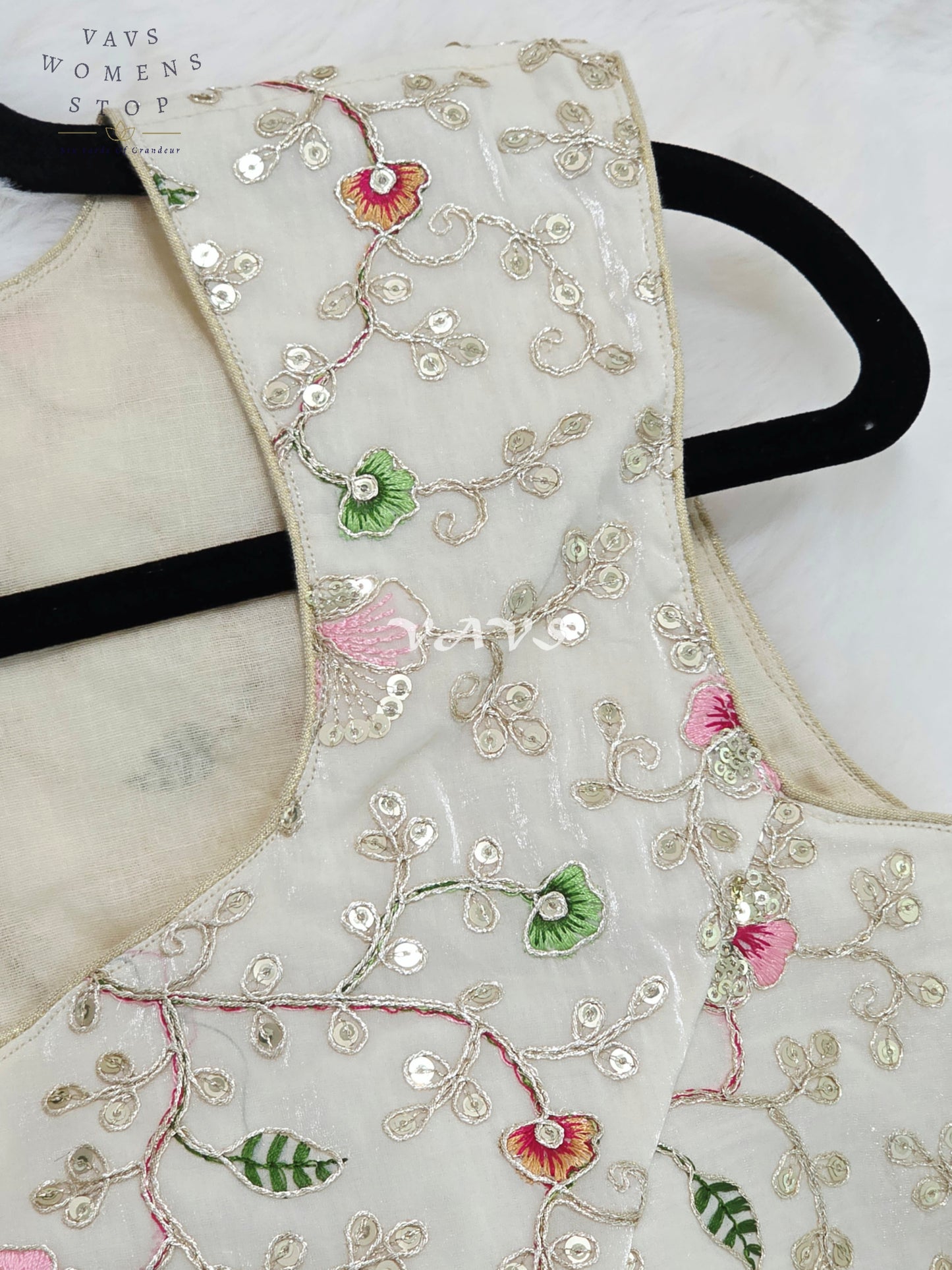 Royal Pearl Ivory Designer Spacesilk Sleeveless Floral Embroidered Partywear Blouse | Size 38-44