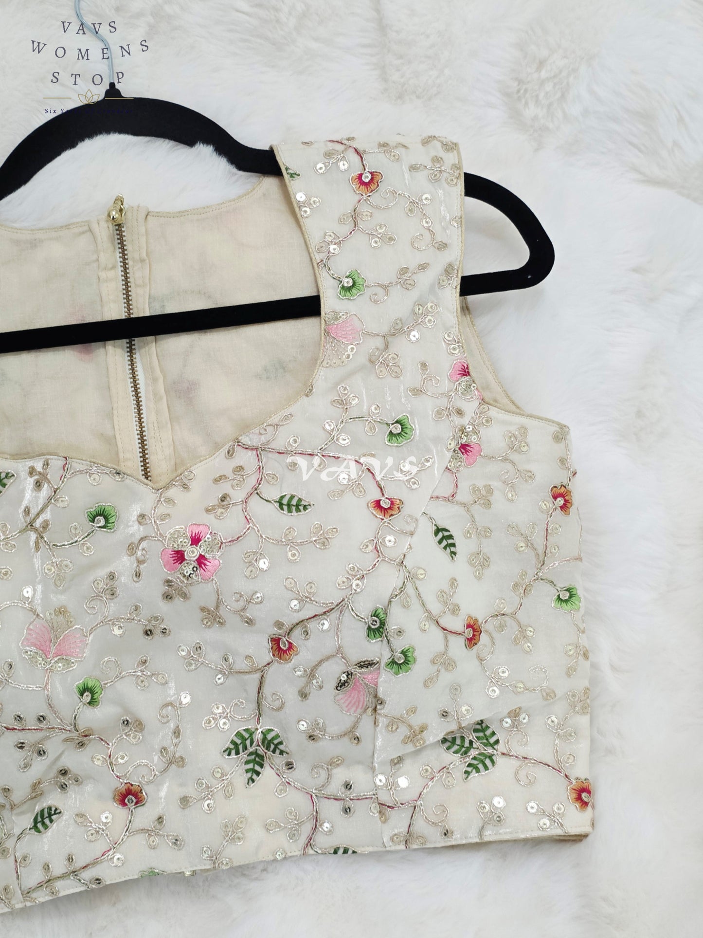 Royal Pearl Ivory Designer Spacesilk Sleeveless Floral Embroidered Partywear Blouse | Size 38-44