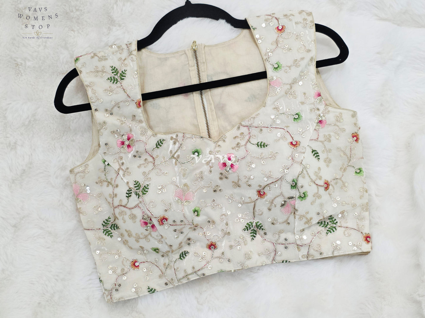 Royal Pearl Ivory Designer Spacesilk Sleeveless Floral Embroidered Partywear Blouse | Size 38-44