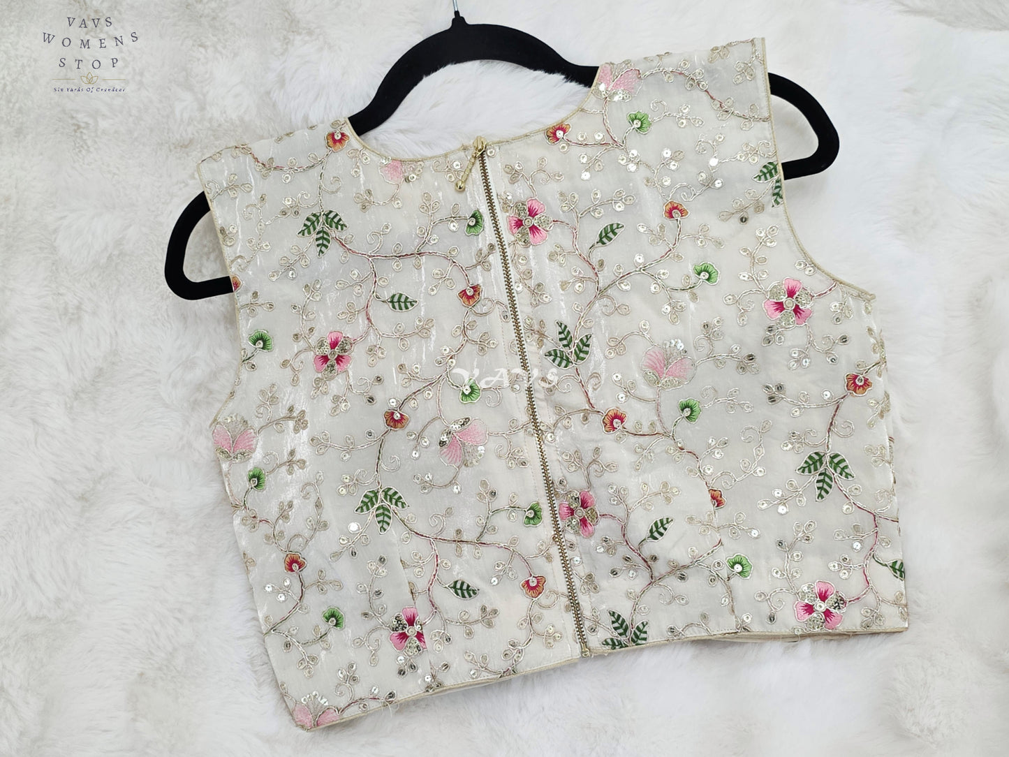Royal Pearl Ivory Designer Spacesilk Sleeveless Floral Embroidered Partywear Blouse | Size 38-44