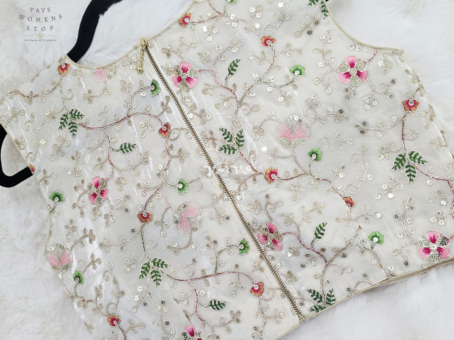 Royal Pearl Ivory Designer Spacesilk Sleeveless Floral Embroidered Partywear Blouse | Size 38-44