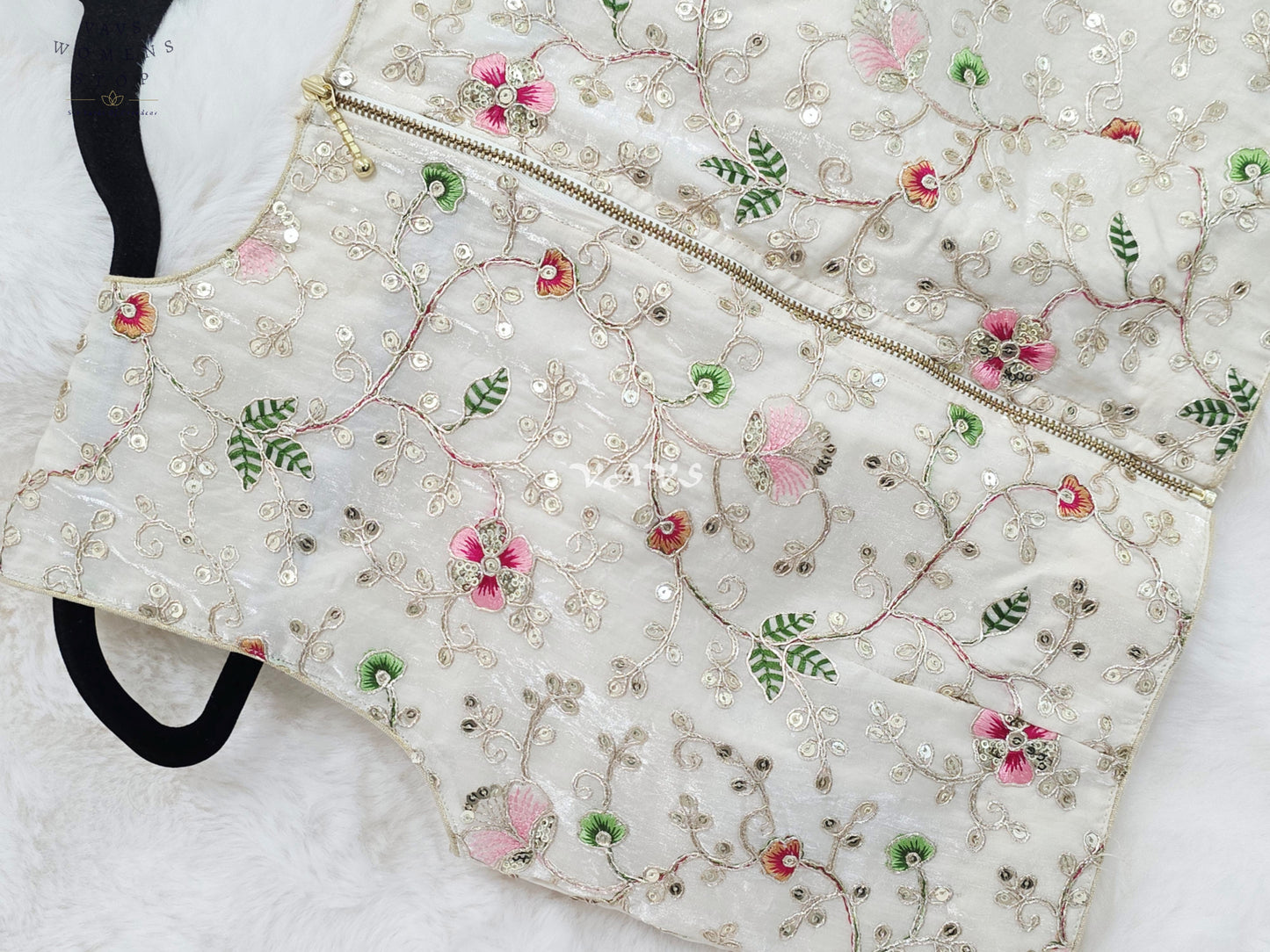 Royal Pearl Ivory Designer Spacesilk Sleeveless Floral Embroidered Partywear Blouse | Size 38-44
