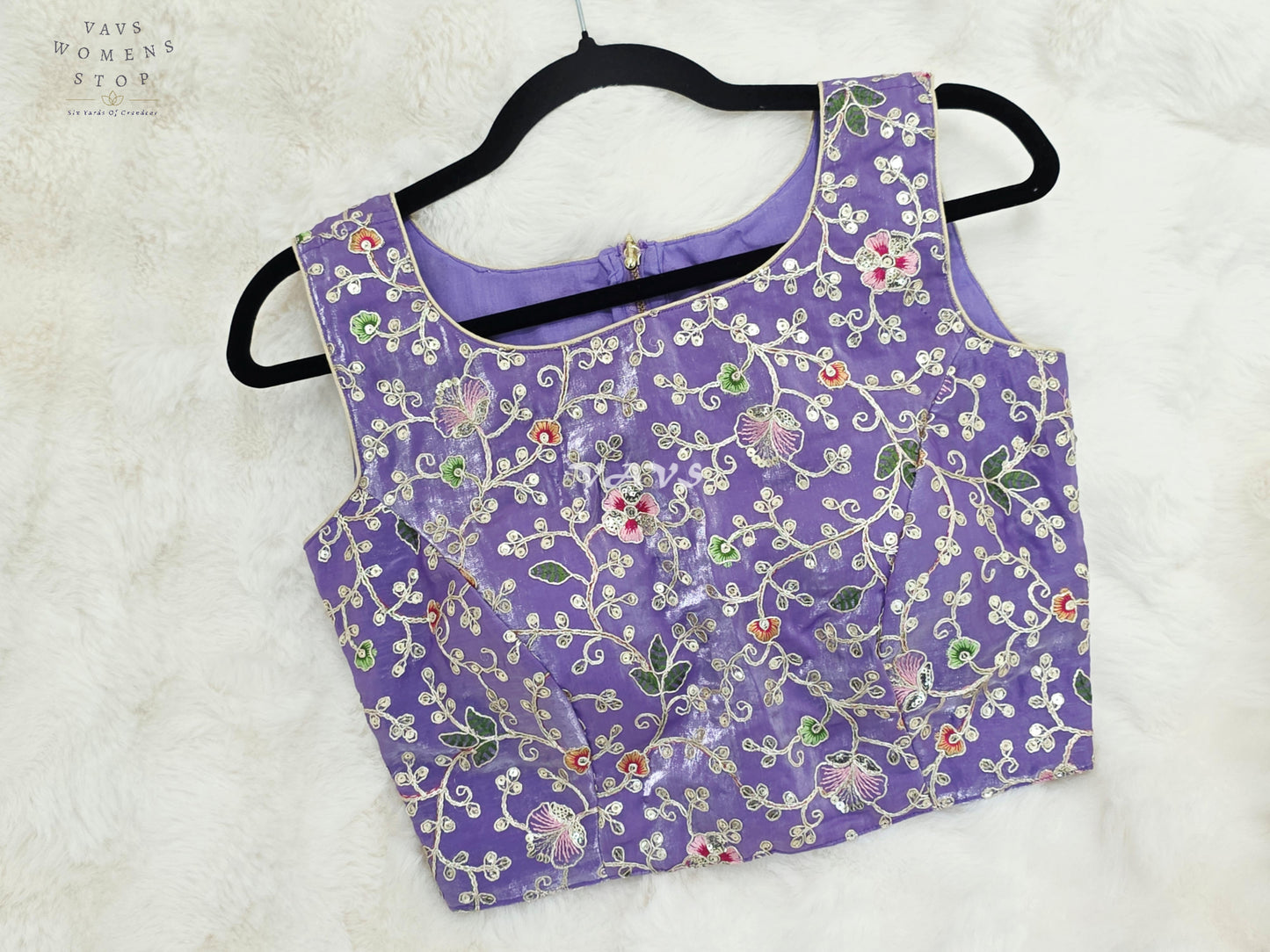 Royal Lavender Orchid Designer Spacesilk Sleeveless Floral Embroidered Partywear Blouse | Size 34-40