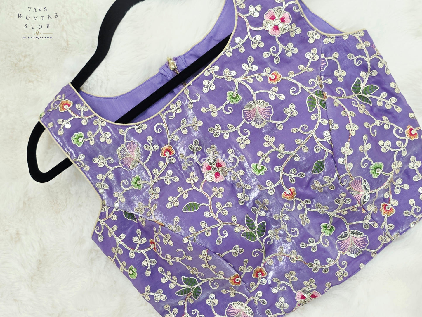 Royal Lavender Orchid Designer Spacesilk Sleeveless Floral Embroidered Partywear Blouse | Size 34-40
