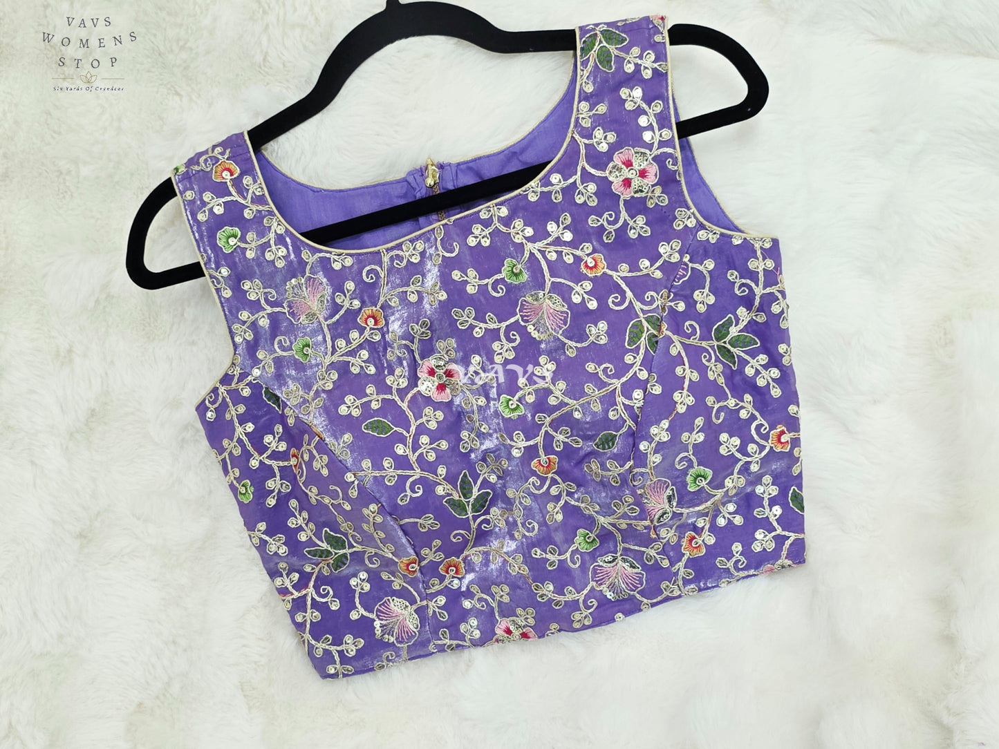 Royal Lavender Orchid Designer Spacesilk Sleeveless Floral Embroidered Partywear Blouse | Size 34-40