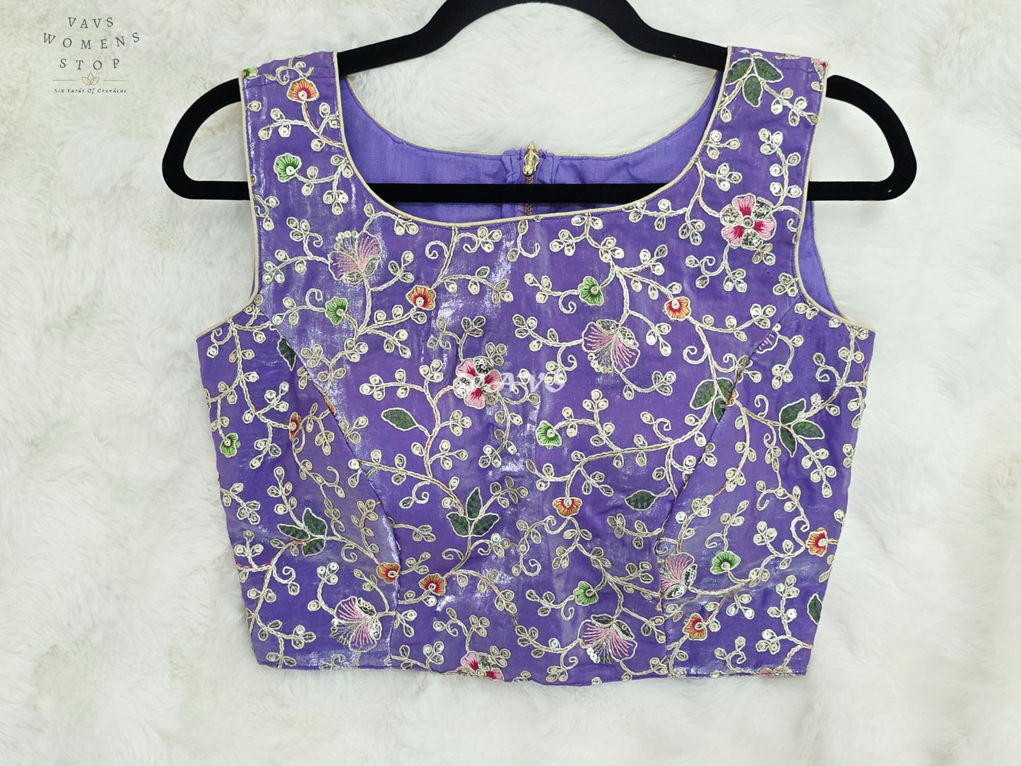 Royal Lavender Orchid Designer Spacesilk Sleeveless Floral Embroidered Partywear Blouse | Size 34-40