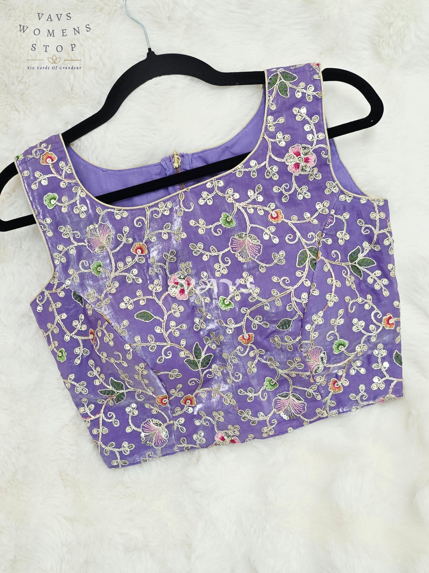 Royal Lavender Orchid Designer Spacesilk Sleeveless Floral Embroidered Partywear Blouse | Size 34-40