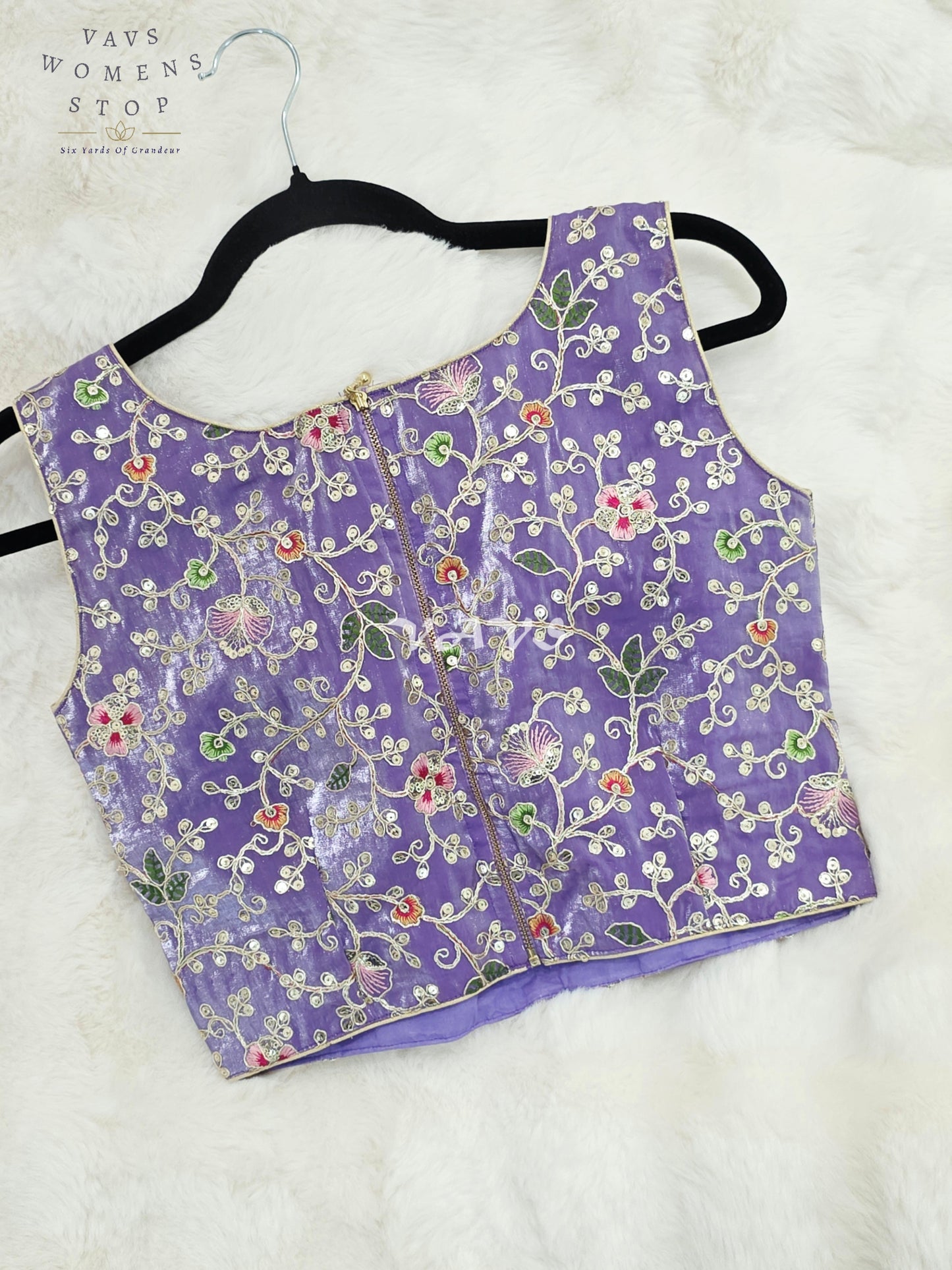 Royal Lavender Orchid Designer Spacesilk Sleeveless Floral Embroidered Partywear Blouse | Size 34-40