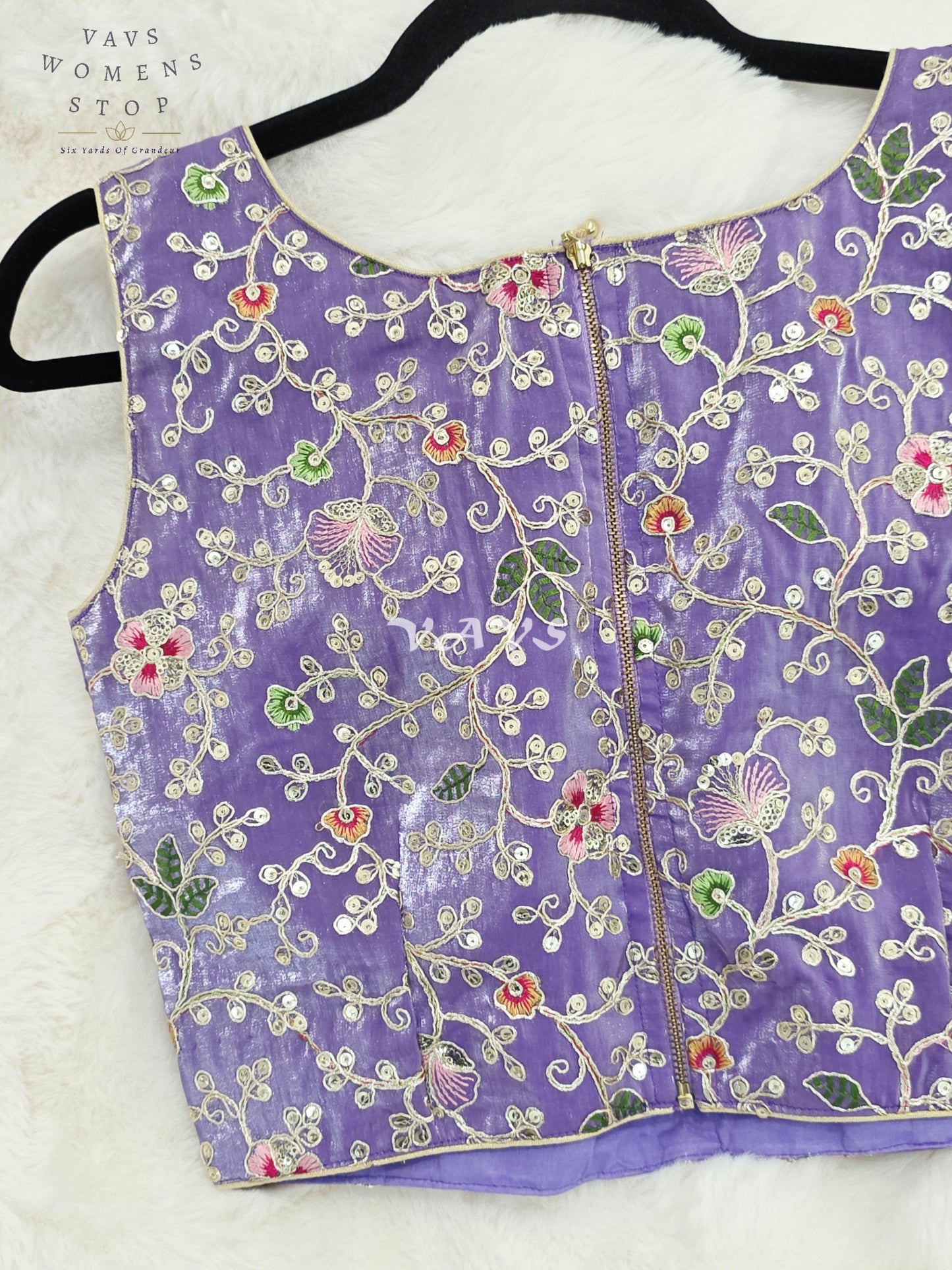 Royal Lavender Orchid Designer Spacesilk Sleeveless Floral Embroidered Partywear Blouse | Size 34-40